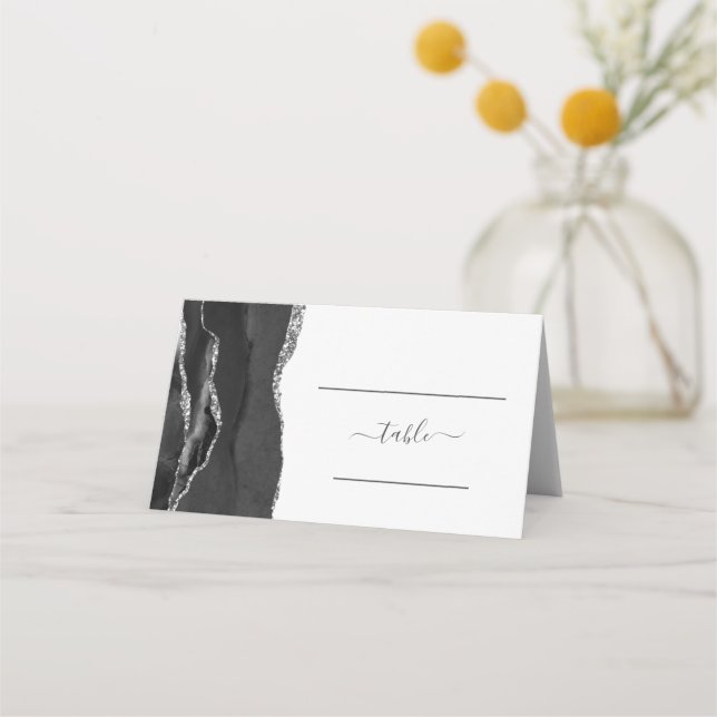 Tarjeta De Asiento Boda de ágata plateada negra chic (Anverso)