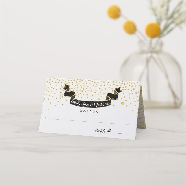 Tarjeta De Asiento Boda de Banner negro retro de oro (Reverso)