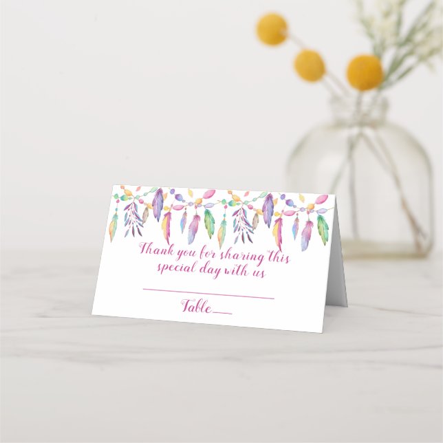 Tarjeta De Asiento Boda de Boho morado Feather nativo indio americano (Anverso)