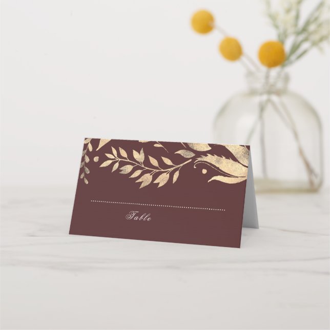 Tarjeta De Asiento Boda de Borgoña y Oro Caída (Anverso)