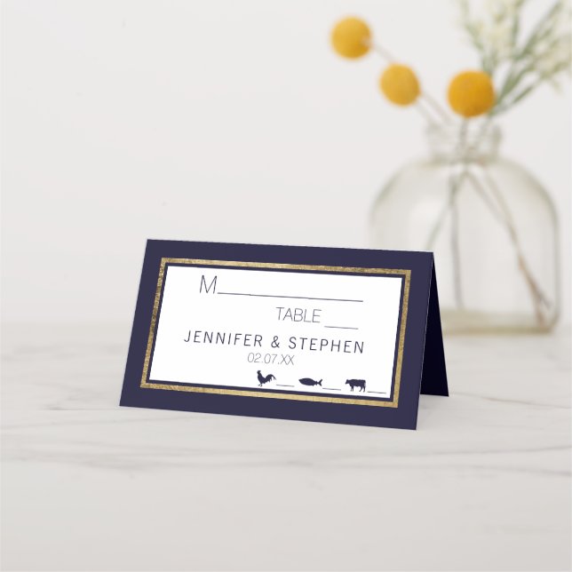 Tarjeta De Asiento Boda de comidas azules de la Marina de Oro Moderno (Anverso)