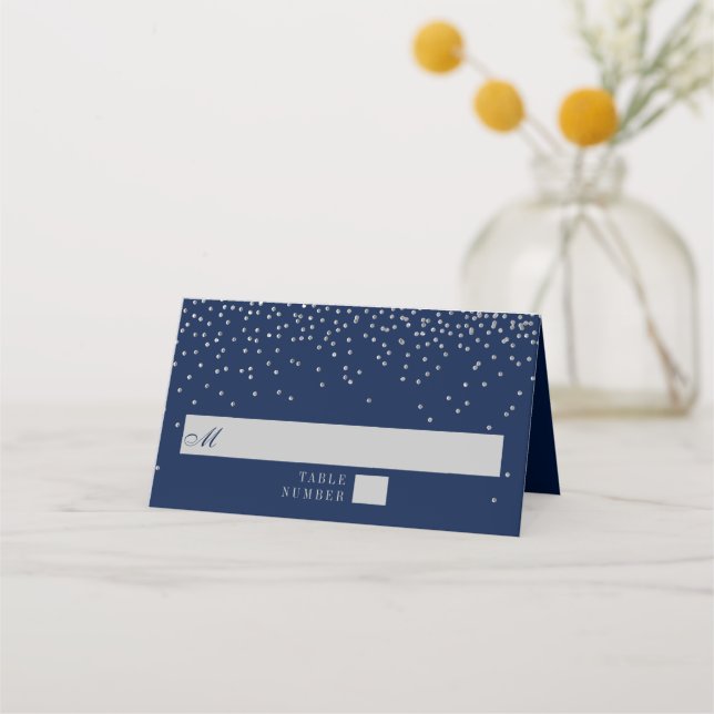 Tarjeta De Asiento Boda de Confetti Azul y Glam Plata de Marina (Anverso)