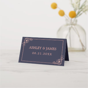 Tarjeta De Asiento Boda de contorno floral de oro Rosa azul de la Mar