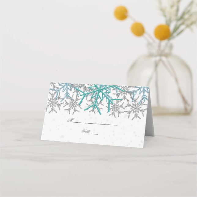 Tarjeta De Asiento Boda de copos de nieve turquesa de invierno (Anverso)