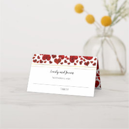 Tarjeta De Asiento Boda de Corazones y Rosas Elegantes Rojo y Oro