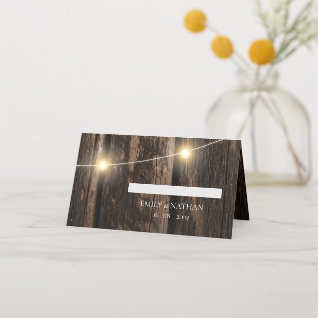 Tarjeta De Asiento Boda de Country Rustic Wood String Lights (Anverso)