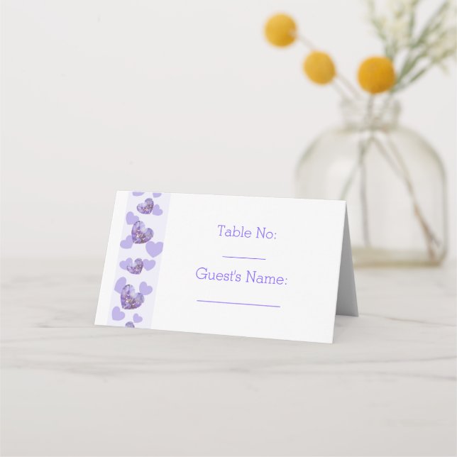 Tarjeta De Asiento Boda de diseño cardíaco de glicinia morada (Anverso)