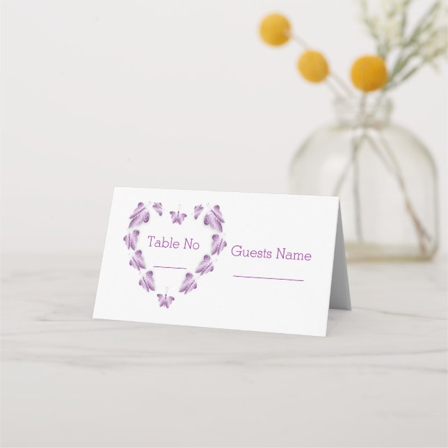 Tarjeta De Asiento Boda de diseño de mariposas moradas (Anverso)