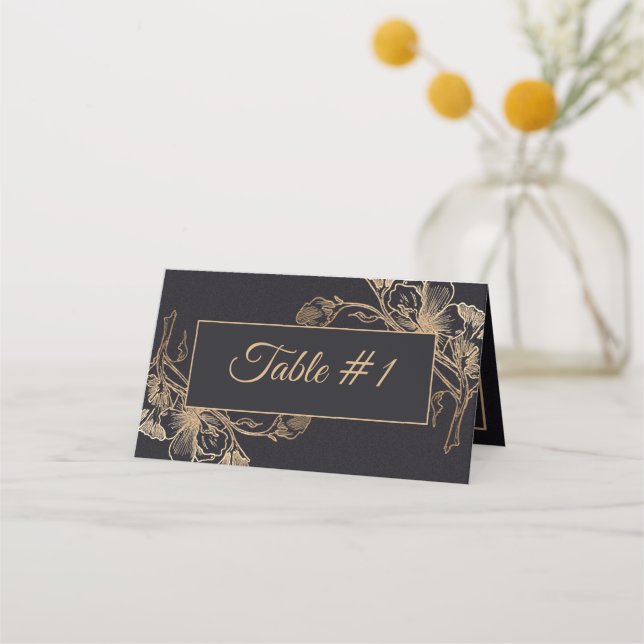 Tarjeta De Asiento Boda de diseño floral metálico Gold Black Faux (Anverso)