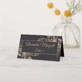 Tarjeta De Asiento Boda de diseño floral Metalizado Faux Black Gold