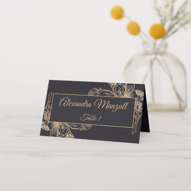 Tarjeta De Asiento Boda de diseño floral Metalizado Faux Black Gold (Anverso)