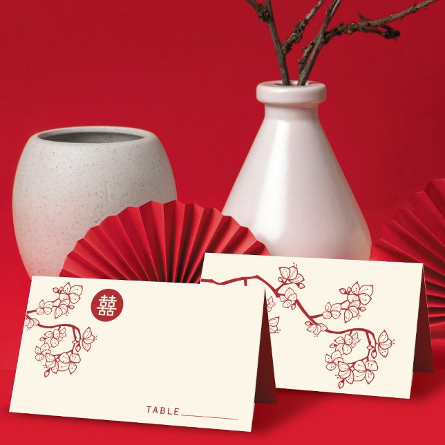 Tarjeta De Asiento Boda de doble felicidad de depilación/depilación r (Red Peach/Plum Blossoms Round Double Happiness Chinese Wedding Place Card @ fatfatin_red_knot)