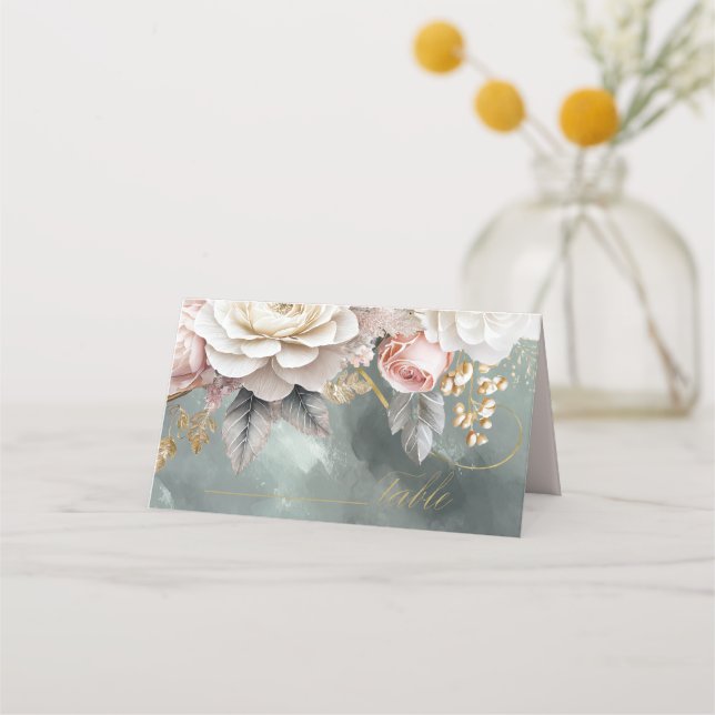 Tarjeta De Asiento Boda de drama floral Green ID1022 (Anverso)