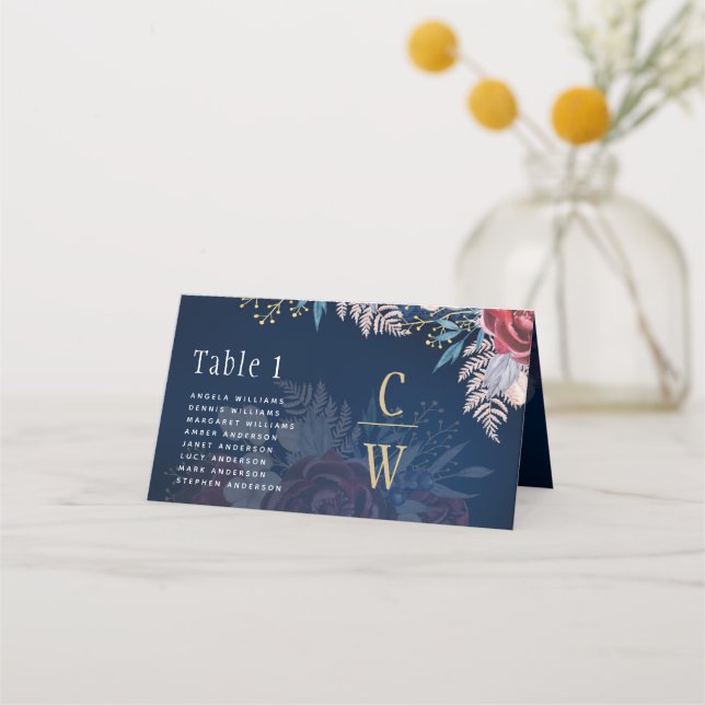 Tarjeta De Asiento Boda de encaje floral de borgoña azul inagotable (Anverso)