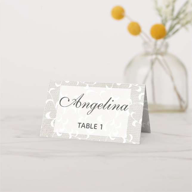 Tarjeta De Asiento Boda de encaje y marfil blanco (Anverso)