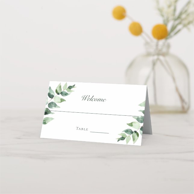 Tarjeta De Asiento Boda de Eucalipto con Acuarela | Blanco (Anverso)