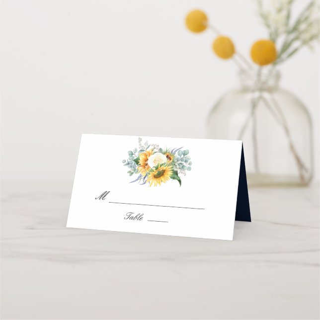 Tarjeta De Asiento Boda de eucalipto de girasol acuarela (Anverso)