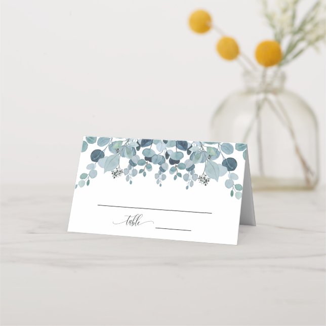 Tarjeta De Asiento Boda de eucalipto verde azul polvoriento (Anverso)