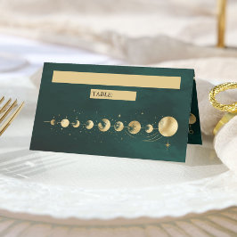 Tarjeta De Asiento Boda de Fase de la Luna de Creciente Oro Esmeralda
