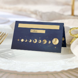 Tarjeta De Asiento Boda de Fases de la Luna Crescente de Oro Azul Cel