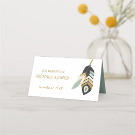 Tarjeta De Asiento Boda de flecha de pluma verde azulada