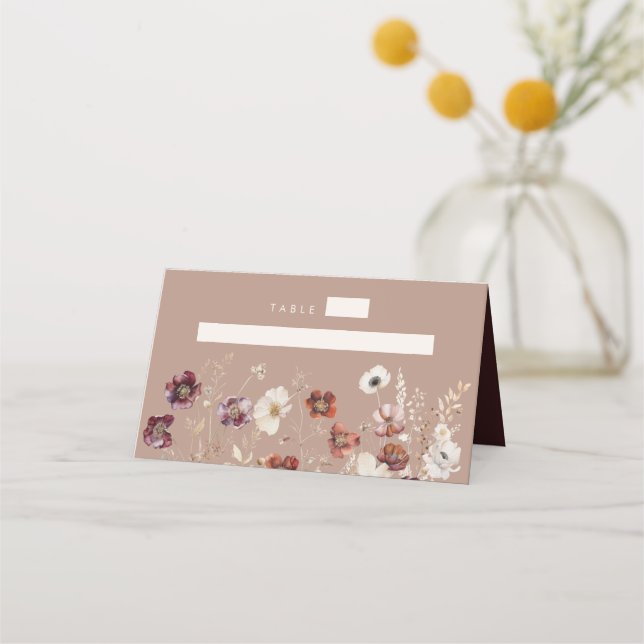 Tarjeta De Asiento Boda de Flor Silvestre Taupe Boho Fall (Anverso)