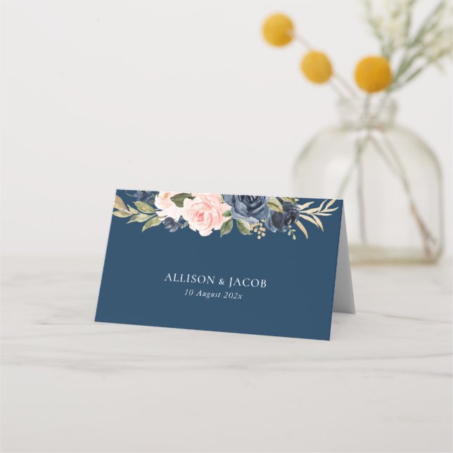 Tarjeta De Asiento Boda De Floral Doble Azul Y Azul De La Marina (Reverso)