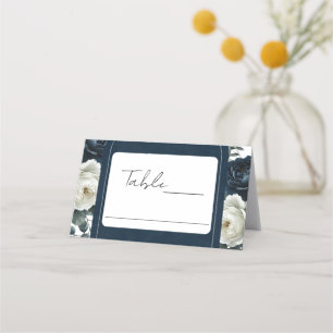 Tarjeta De Asiento Boda de Floral Verde Moderna Azul Oscuro y Blanco