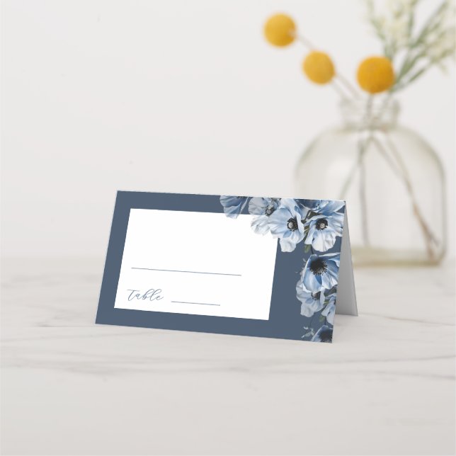 Tarjeta De Asiento Boda de flores azules artísticas (Anverso)