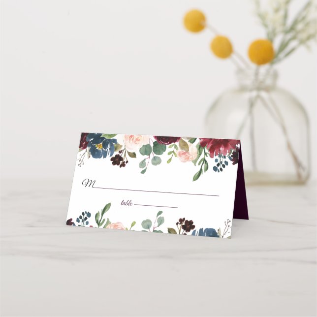 Tarjeta De Asiento Boda de Flores Inglesas Borgoña y Azul (Anverso)