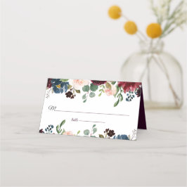 Tarjeta De Asiento Boda de Flores Inglesas Borgoña y Azul