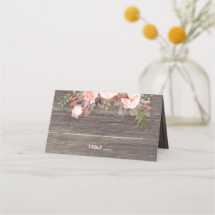 Tarjeta De Asiento Boda de flores rosadas de madera rústica