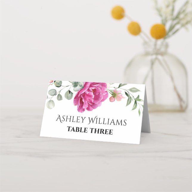 Tarjeta De Asiento Boda de flores rosadas de rama eucalipto (Anverso)