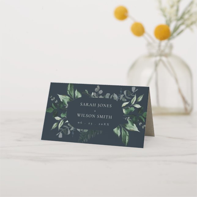Tarjeta De Asiento Boda de follaje tropical de la Marina Verde Negra (Anverso)
