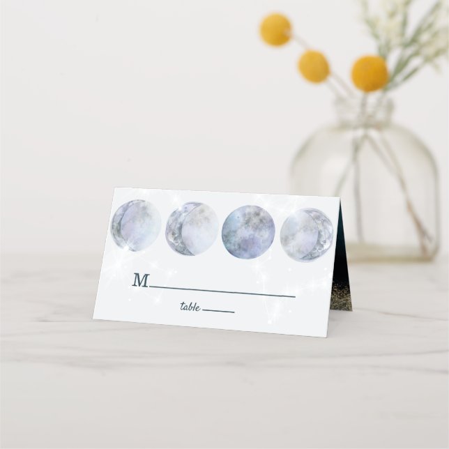 Tarjeta De Asiento Boda de Galaxy Moon Blue Gold Stars (Anverso)