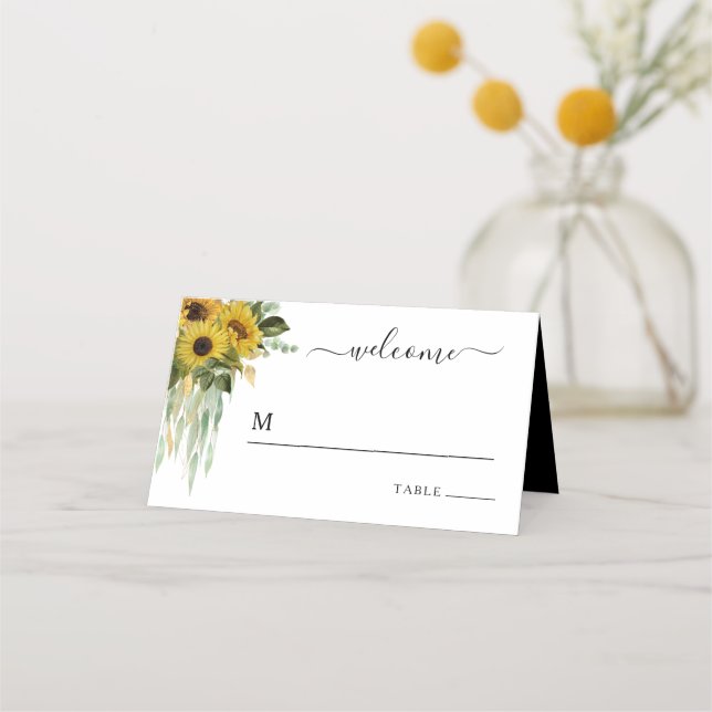 Tarjeta De Asiento Boda De Girasol Blanco Y Negro Moderno (Anverso)