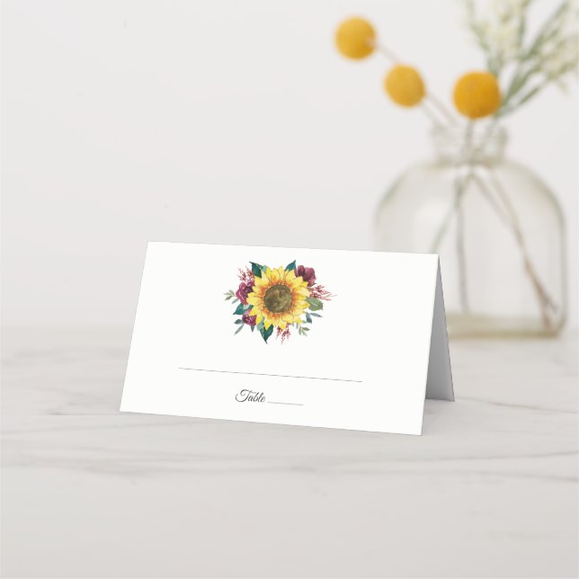 Tarjeta De Asiento Boda de girasol floral acuarela (Anverso)