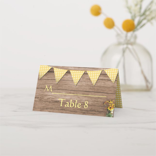 Tarjeta De Asiento Boda de girasol ruso y gingham amarillo (Anverso)