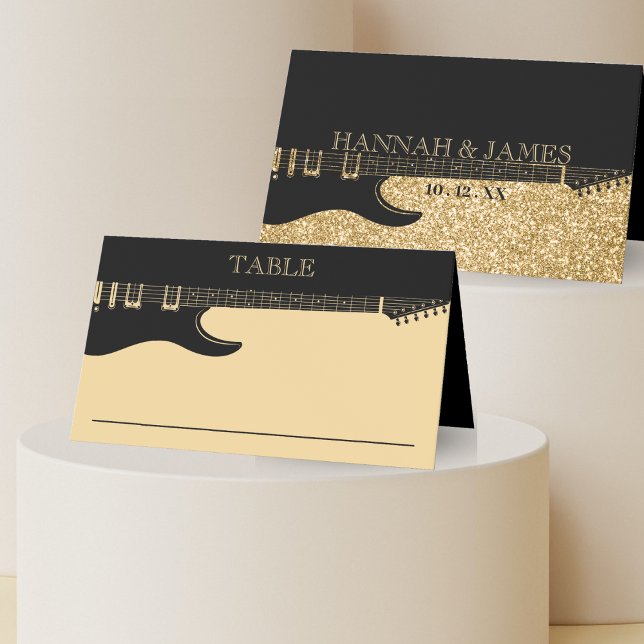 Tarjeta De Asiento Boda de guitarra Purpurina negro y oro (Black & Gold Glitter Guitar Wedding Place Card)