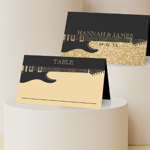 Tarjeta De Asiento Boda de guitarra Purpurina negro y oro