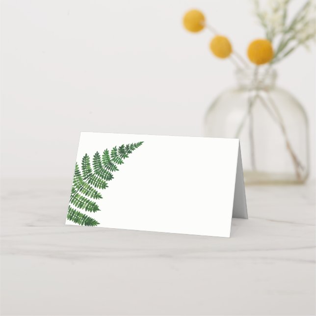 Tarjeta De Asiento Boda de helecho verde. Bosque acuarela botánico (Anverso)