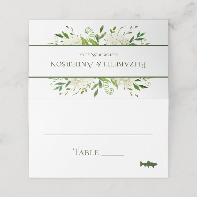 Tarjeta De Asiento Boda de hidrangeas blancas (Exterior desplegado)