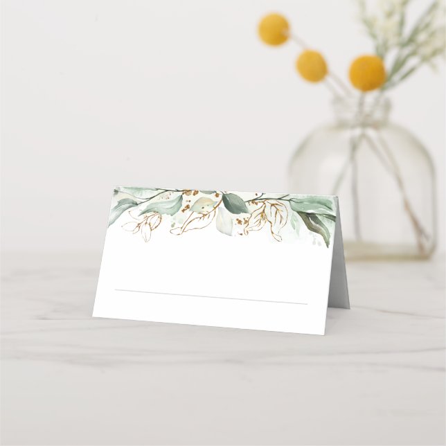 Tarjeta De Asiento Boda de hojas de oro y vegetación eucalipto (Anverso)