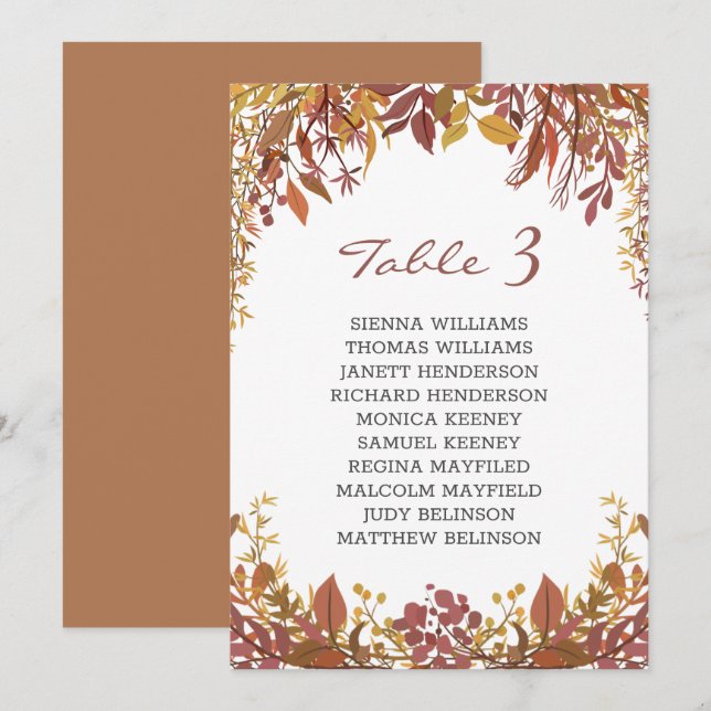 Tarjeta de asiento boda de hojas otoñales (Anverso / Reverso)