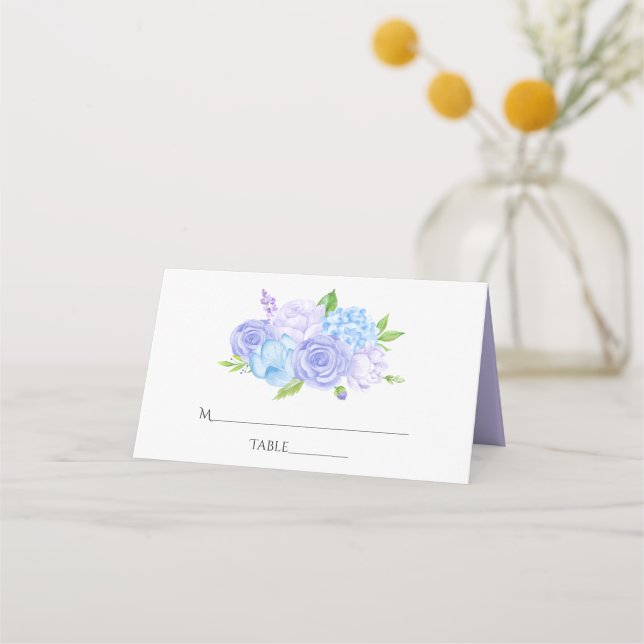 Tarjeta De Asiento Boda de Hortensia Azul y Lavanda Claro (Anverso)