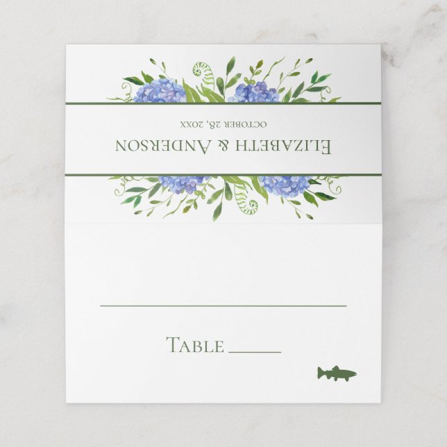 Tarjeta De Asiento Boda de Hortensias Azules (Exterior desplegado)