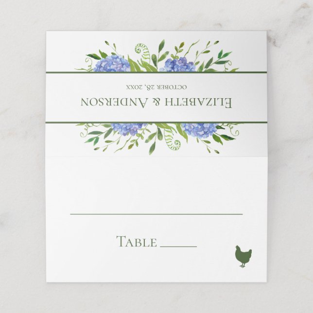 Tarjeta De Asiento Boda de Hortensias Azules (Exterior desplegado)
