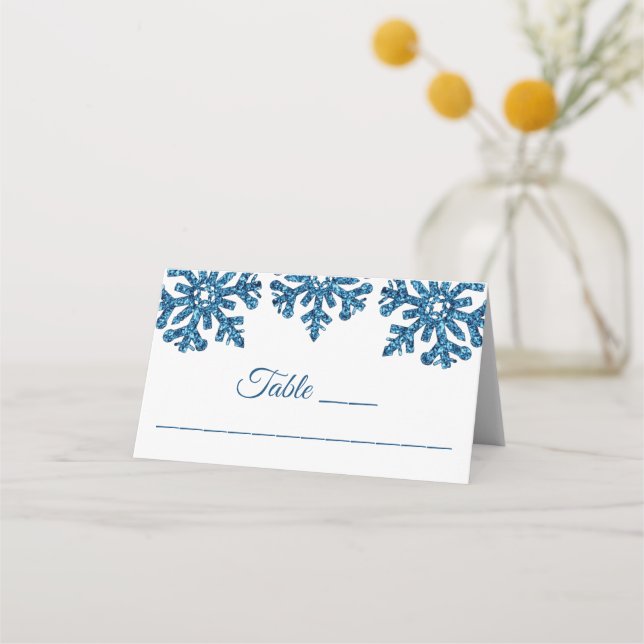 Tarjeta De Asiento Boda de invierno con copo de nieve azul (Anverso)