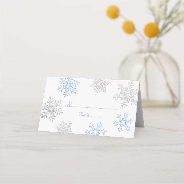 Tarjeta De Asiento Boda de invierno con copo de nieve Blue Silver (Anverso)