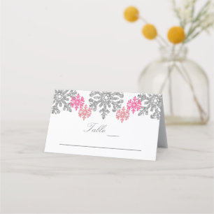 Tarjeta De Asiento Boda de invierno con copos de nieve rosados platea